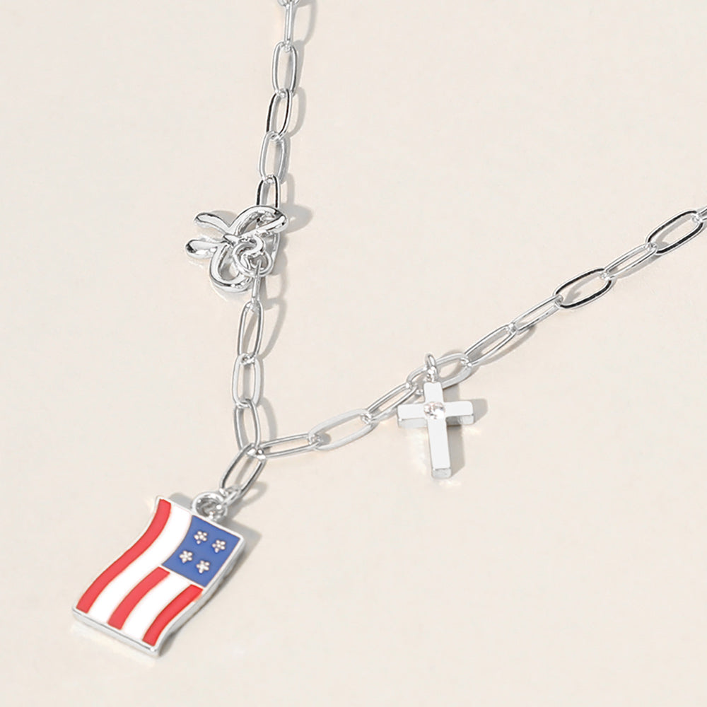 Madeline Love Multi, Rhodium Enamel American USA Flag Metal Cross Bow Charm Station Paperclip Chain Necklace - Necklaces