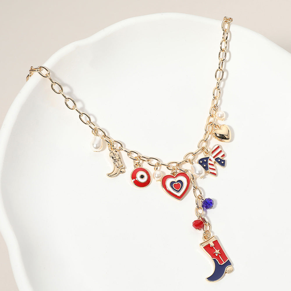 Madeline Love Gold, Multi Enamel American USA Flag Western Cowboy Boot Bow Heart Pearl Charm Station Necklace - Necklaces