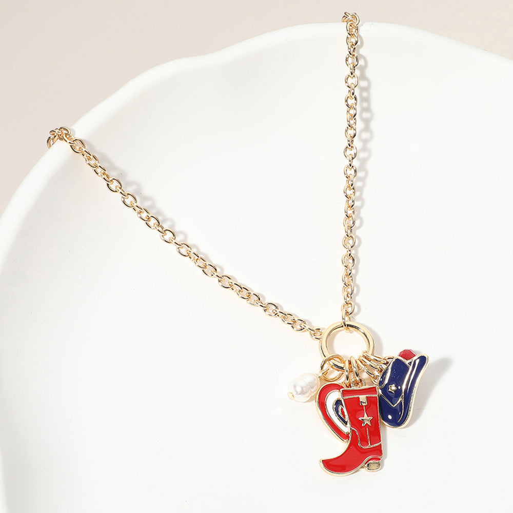 Madeline Love Gold, Multi Enamel American USA Flag Western Cowboy Boot Hat Heart Pearl Charm Pendant Necklace - Necklaces