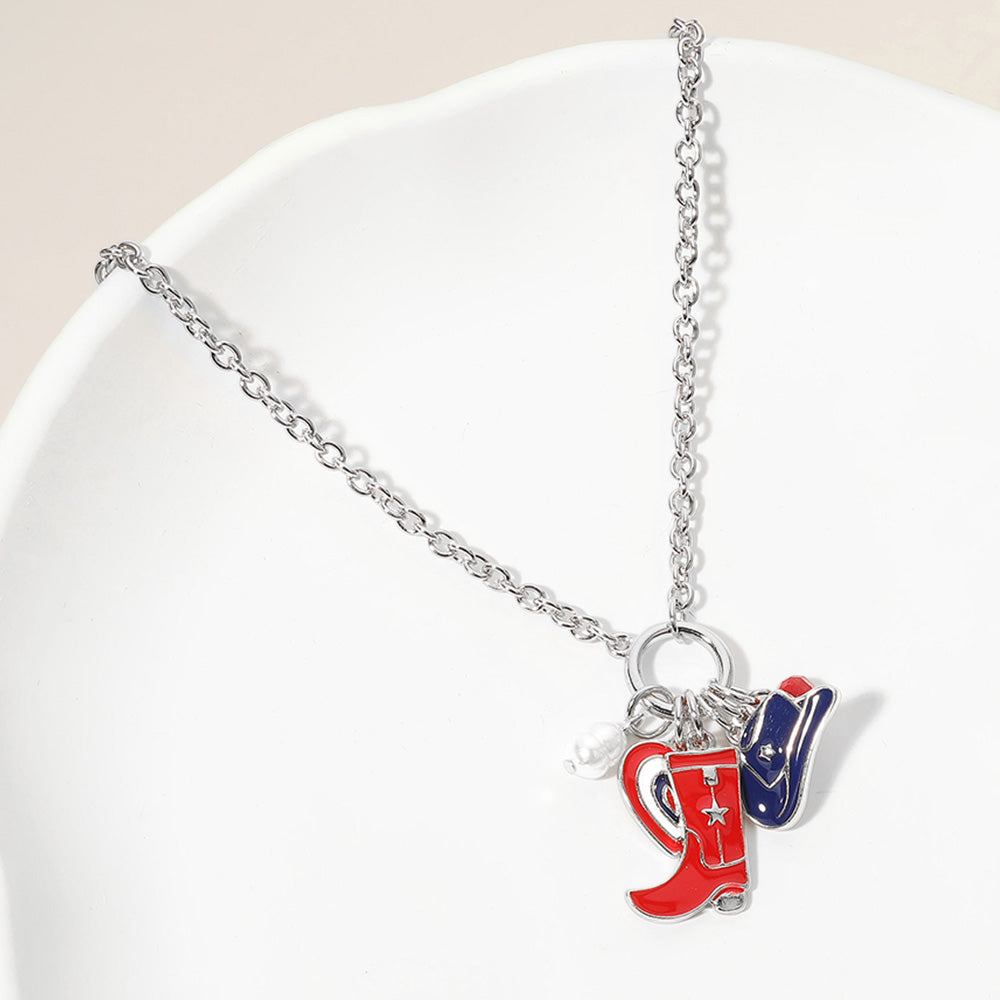 Madeline Love Multi, Rhodium Enamel American USA Flag Western Cowboy Boot Hat Heart Pearl Charm Pendant Necklace - Necklaces
