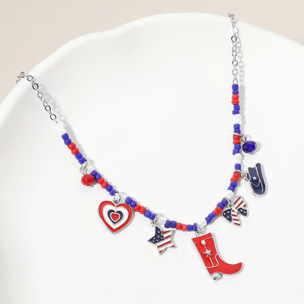 Madeline Love Multi, Rhodium Enamel American USA Flag Western Boot Hat Bow Star Heart Charm Beaded Necklace - Necklaces