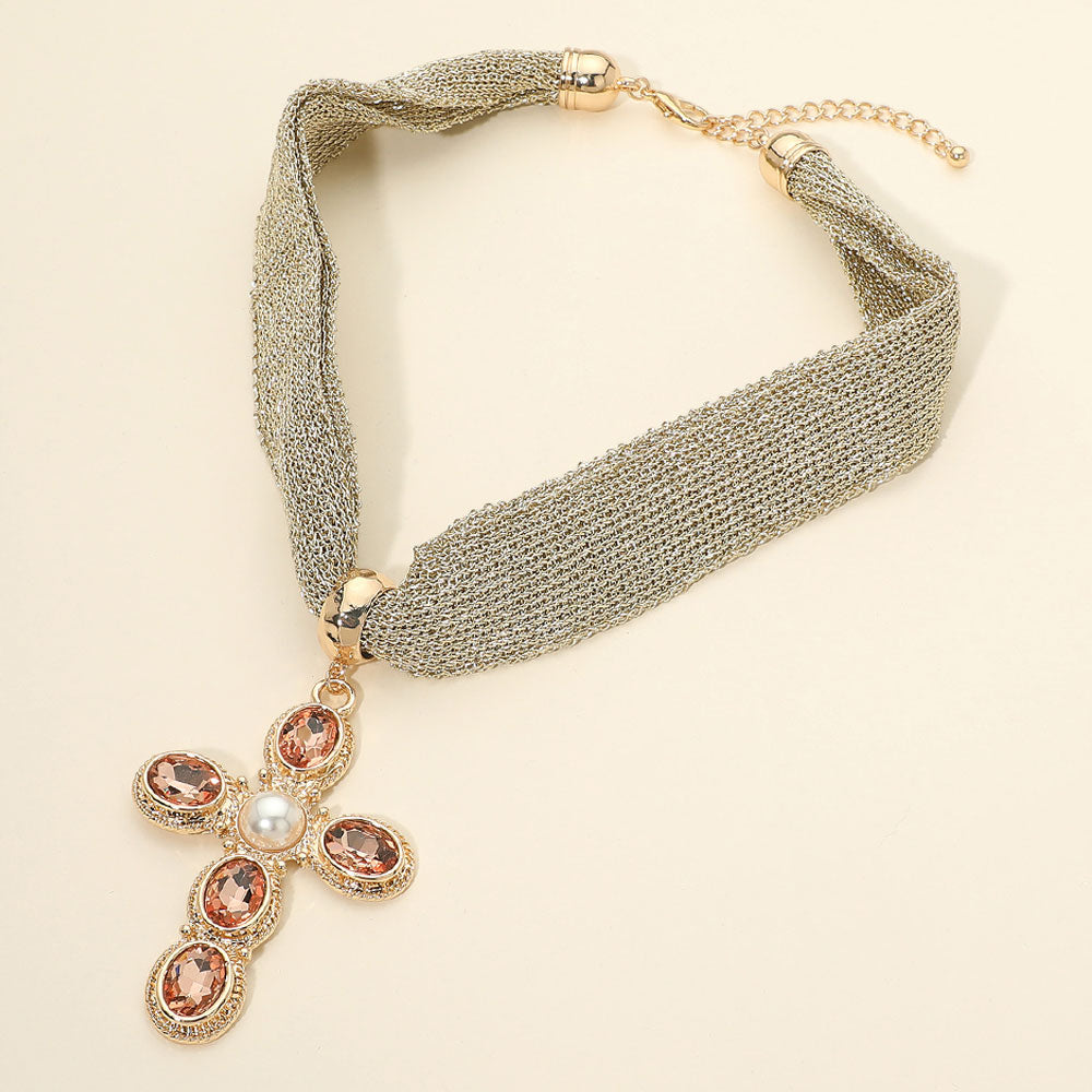 Madeline Love Gold, Peach Pearl Center Oval Stone Embellished Cross Pendant Accent Mesh Chain Statement Necklace