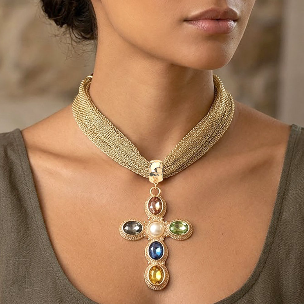 Madeline Love Gold, Multi Pearl Center Oval Stone Embellished Cross Pendant Accent Mesh Chain Statement Necklace