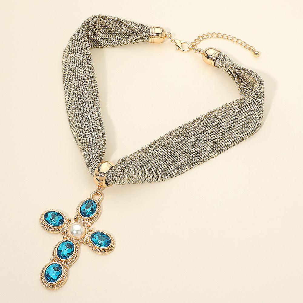 Madeline Love Gold, Turquoise Pearl Center Oval Stone Embellished Cross Pendant Accent Mesh Chain Statement Necklace
