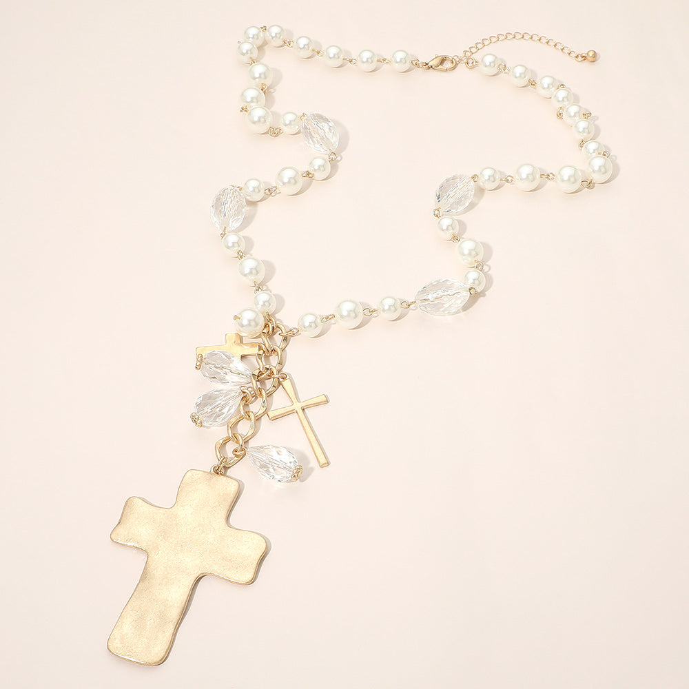 Madeline Love Cream, Worn Gold Bold Cross Charm Accent Pearl Oval Faceted Link Chain Statement Necklace