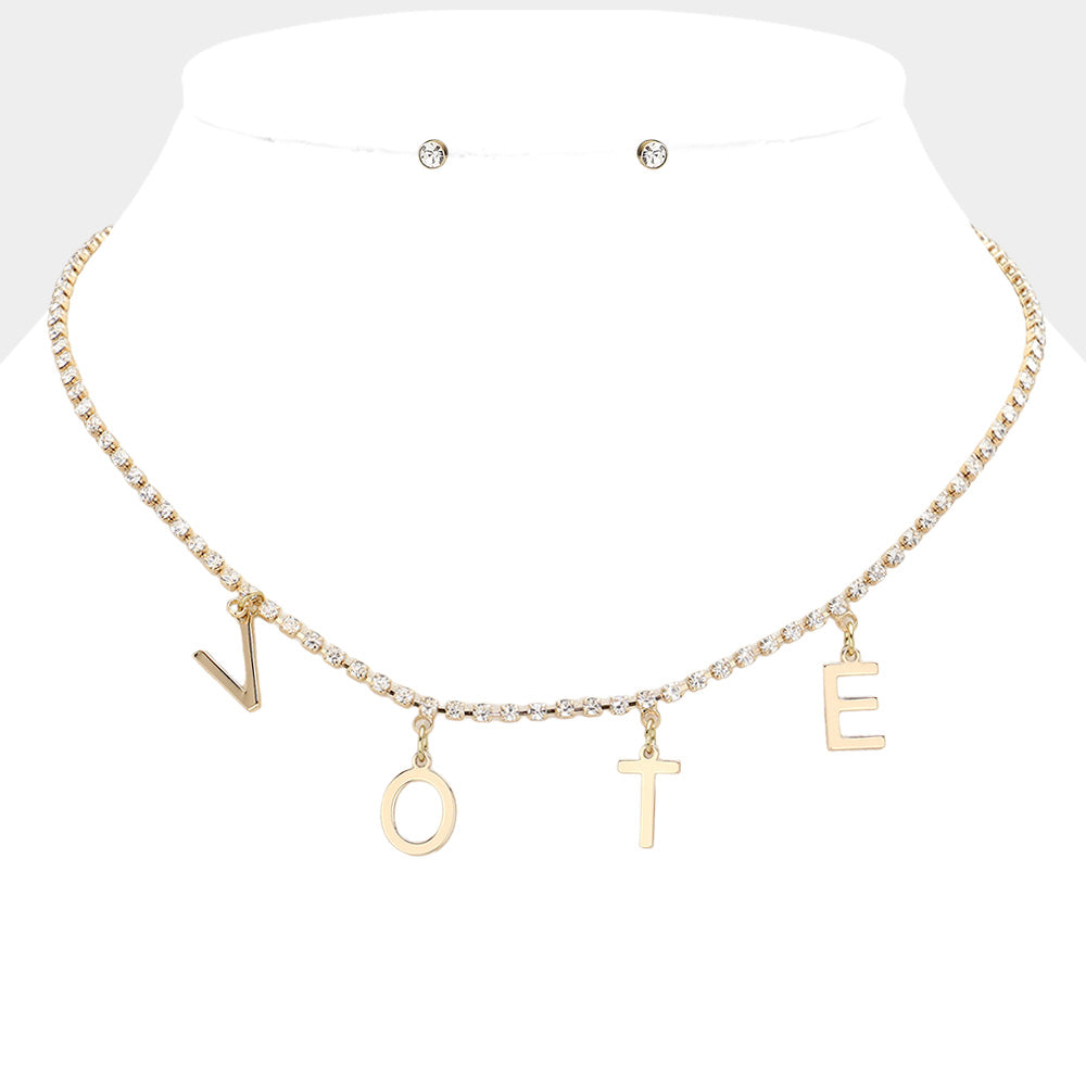 Madeline Love Clear, Gold Metal VOTE Initial Message Station Rhinestone Chain Necklace - Necklaces