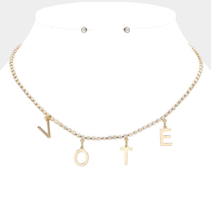 Madeline Love Clear, Gold Metal VOTE Initial Message Station Rhinestone Chain Necklace - Necklaces