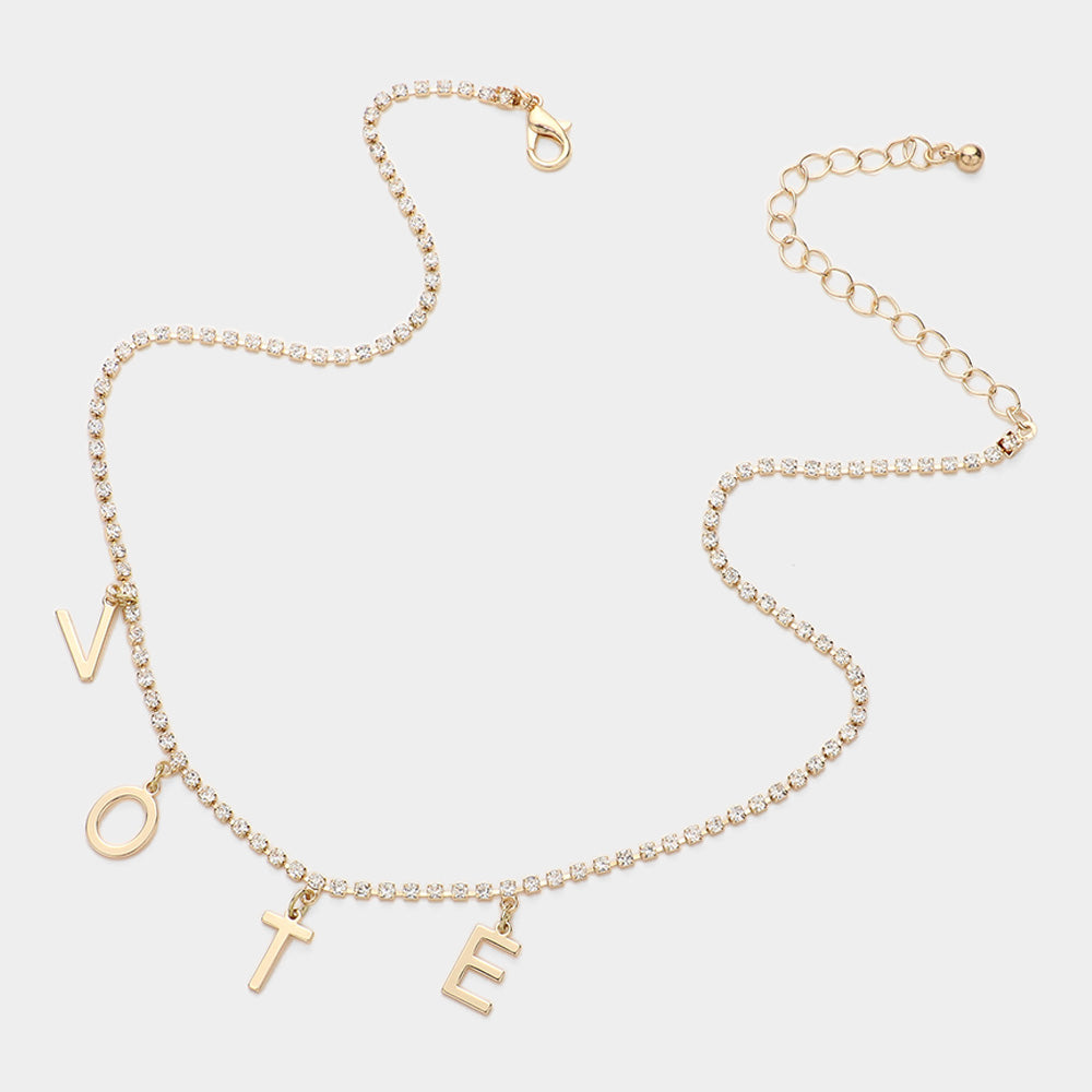 Madeline Love Clear, Gold Metal VOTE Initial Message Station Rhinestone Chain Necklace - Necklaces - desc
