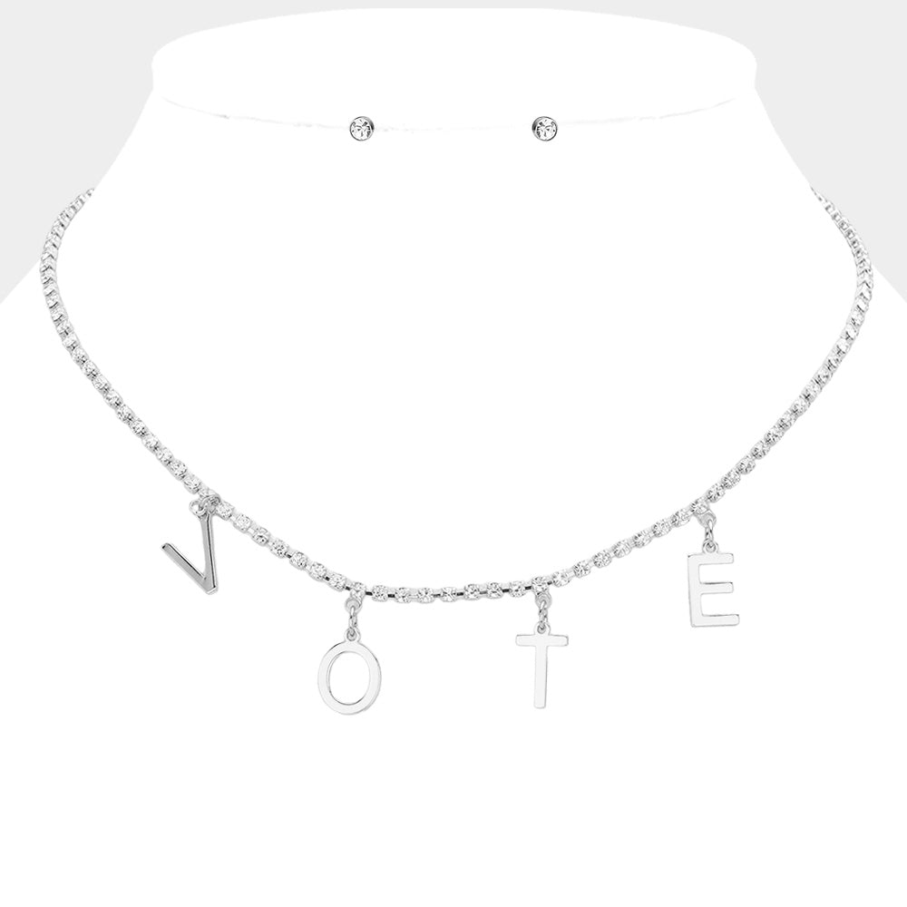 Madeline Love Clear, Rhodium Metal VOTE Initial Message Station Rhinestone Chain Necklace - Necklaces
