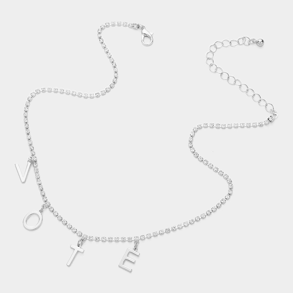 Madeline Love Clear, Rhodium Metal VOTE Initial Message Station Rhinestone Chain Necklace - Necklaces - desc
