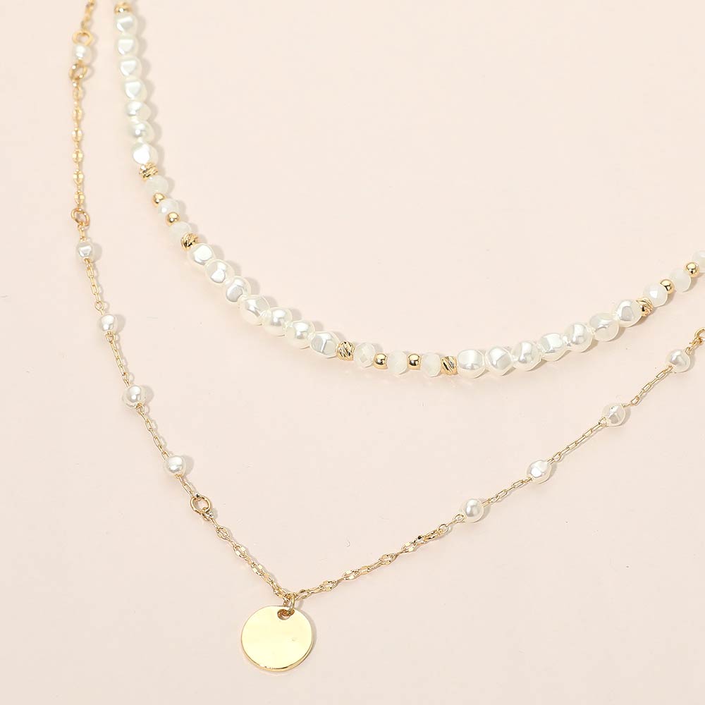 Madeline Love Cream, Gold Metal Disc Pendant Pearl Beaded Layered Chain Necklace