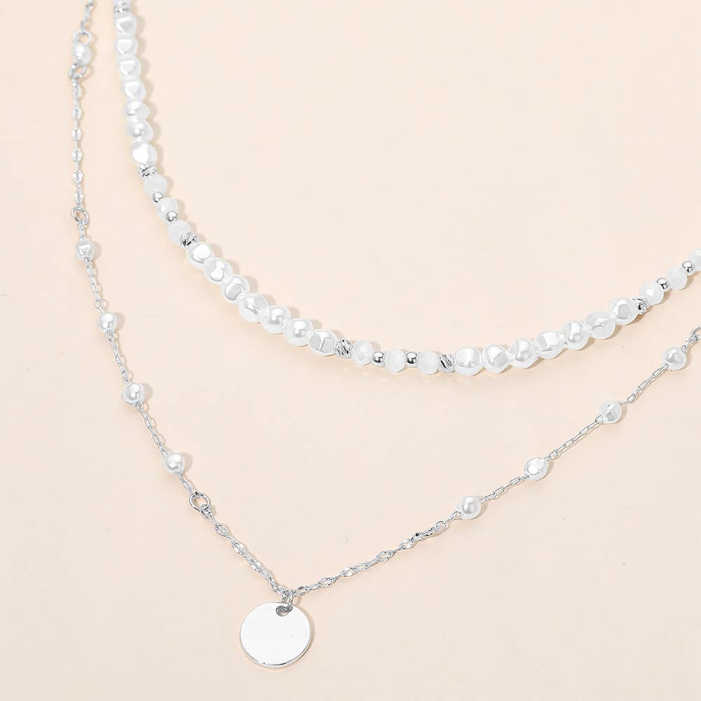 Madeline Love Cream, Rhodium Metal Disc Pendant Pearl Beaded Layered Chain Necklace