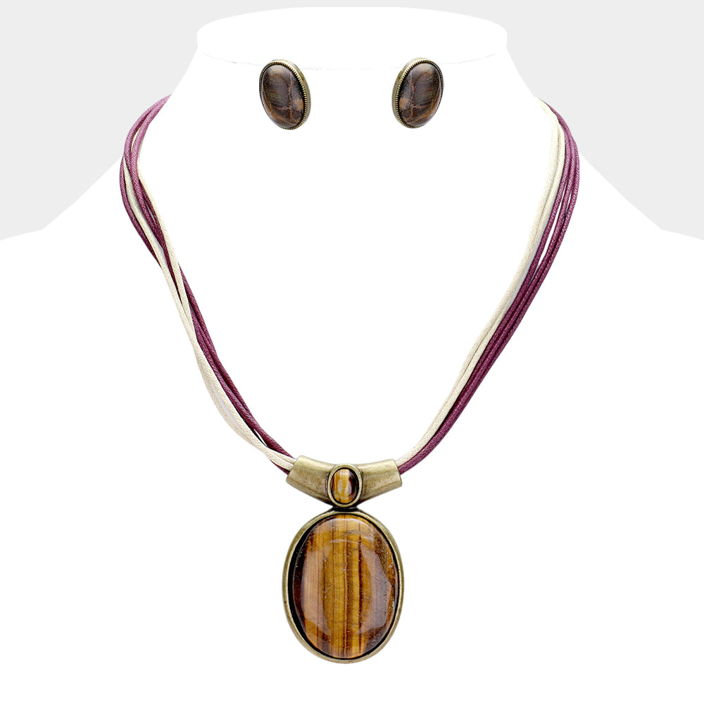 Madeline Love Brown, Burgundy, Gold Burnished Oval Natural Stone Pendant Necklace - Necklaces