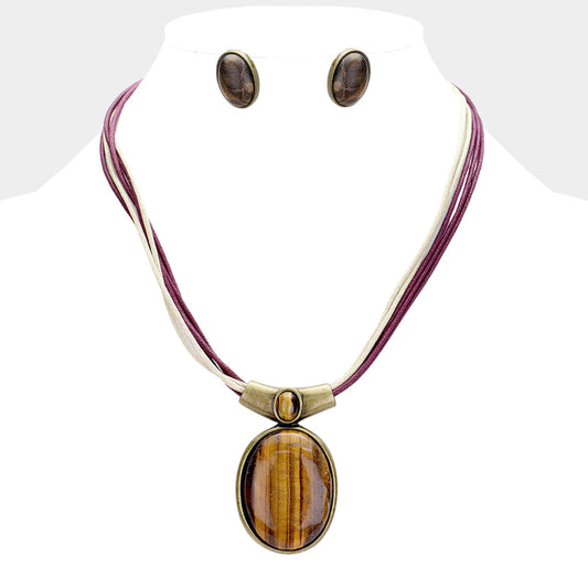 Madeline Love Brown, Burgundy, Gold Burnished Oval Natural Stone Pendant Necklace - Necklaces