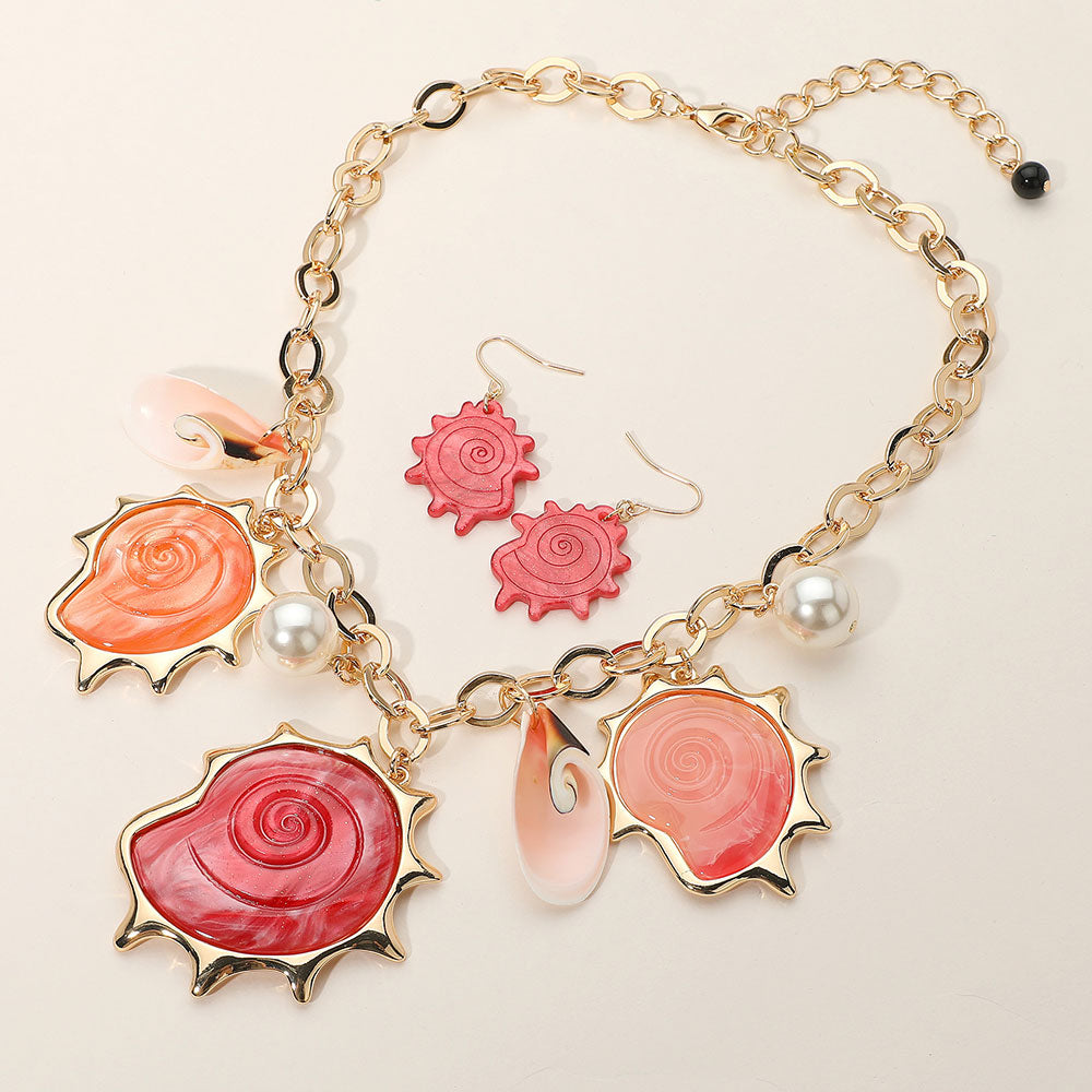 Coral Resin Shell Pearl Charm Station Statement Necklace