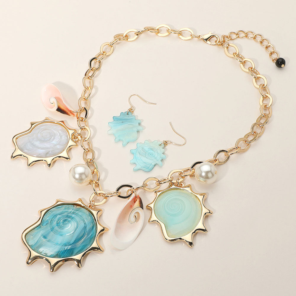 Turquoise Resin Shell Pearl Charm Station Statement Necklace