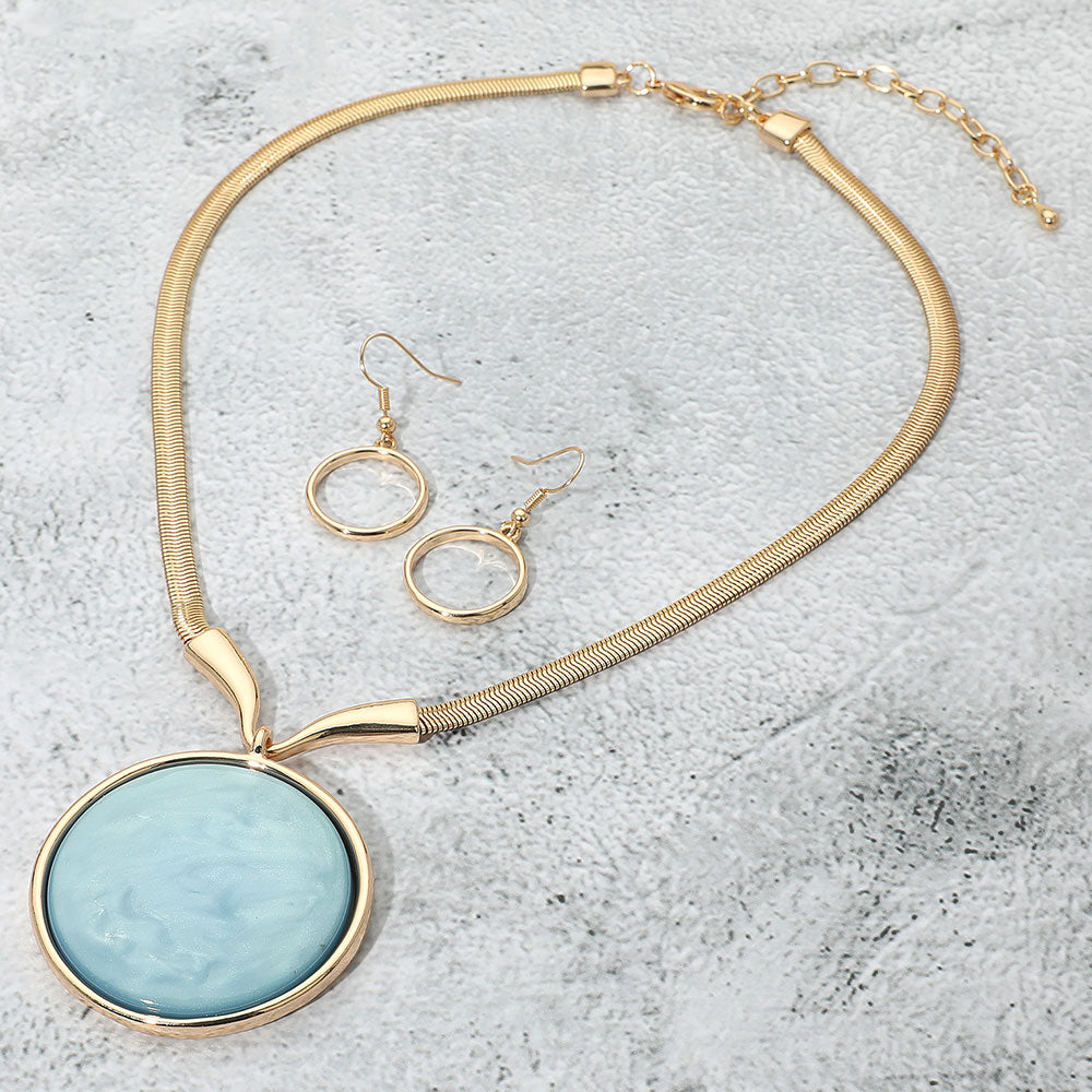 Madeline Love Teal Bold Marbled Round Pendant Statement Necklace - Necklaces