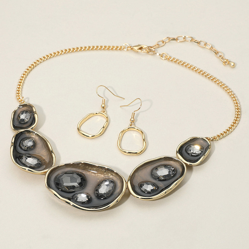 Madeline Love Black, Gold Abstract Gemstone Embellished Enamel Oval Plate Link Statement Necklace - Necklaces