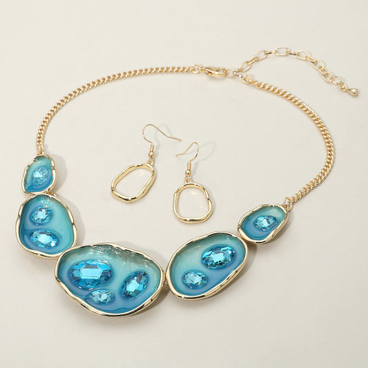 Madeline Love Blue, Gold Abstract Gemstone Embellished Enamel Oval Plate Link Statement Necklace - Necklaces