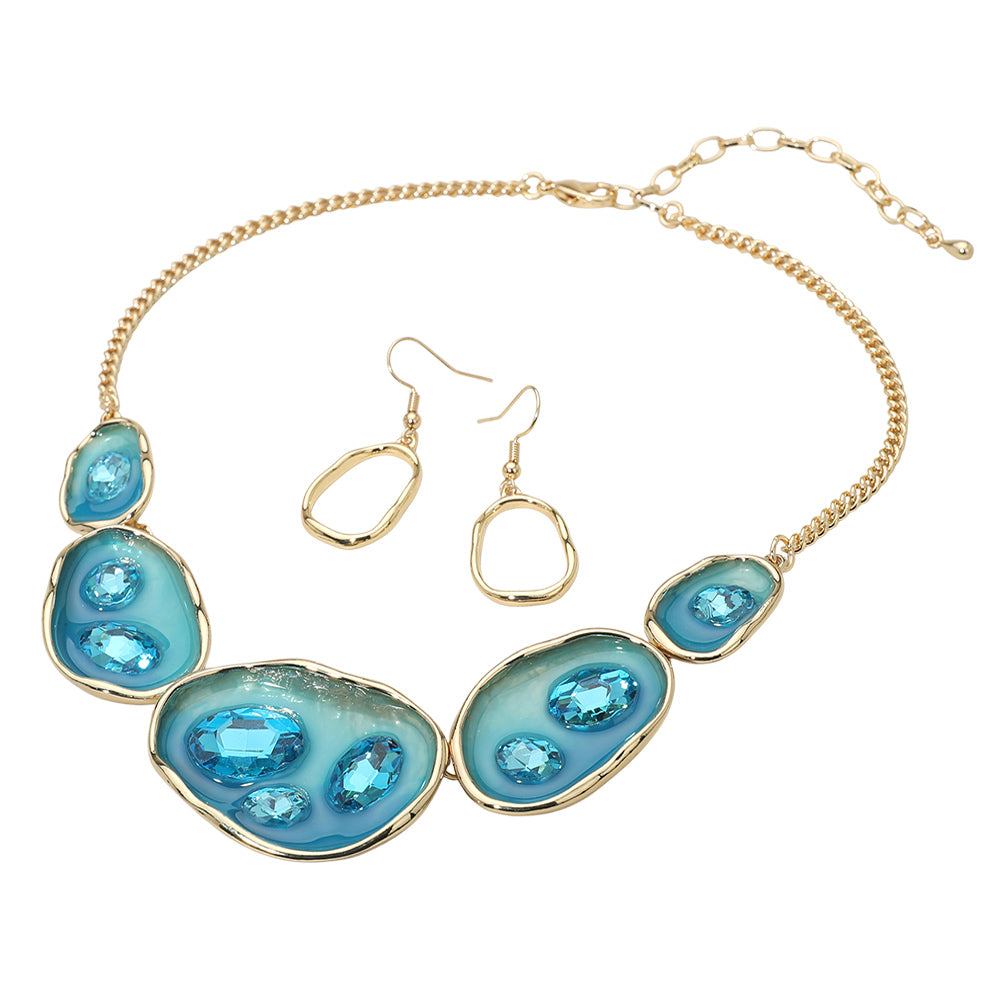 Madeline Love Blue, Gold Abstract Gemstone Embellished Enamel Oval Plate Link Statement Necklace - Necklaces - desc