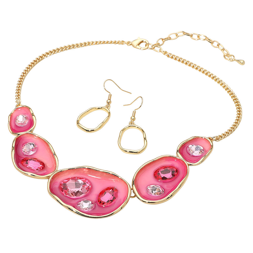 Madeline Love Fuchsia, Gold Abstract Gemstone Embellished Enamel Oval Plate Link Statement Necklace - Necklaces - desc