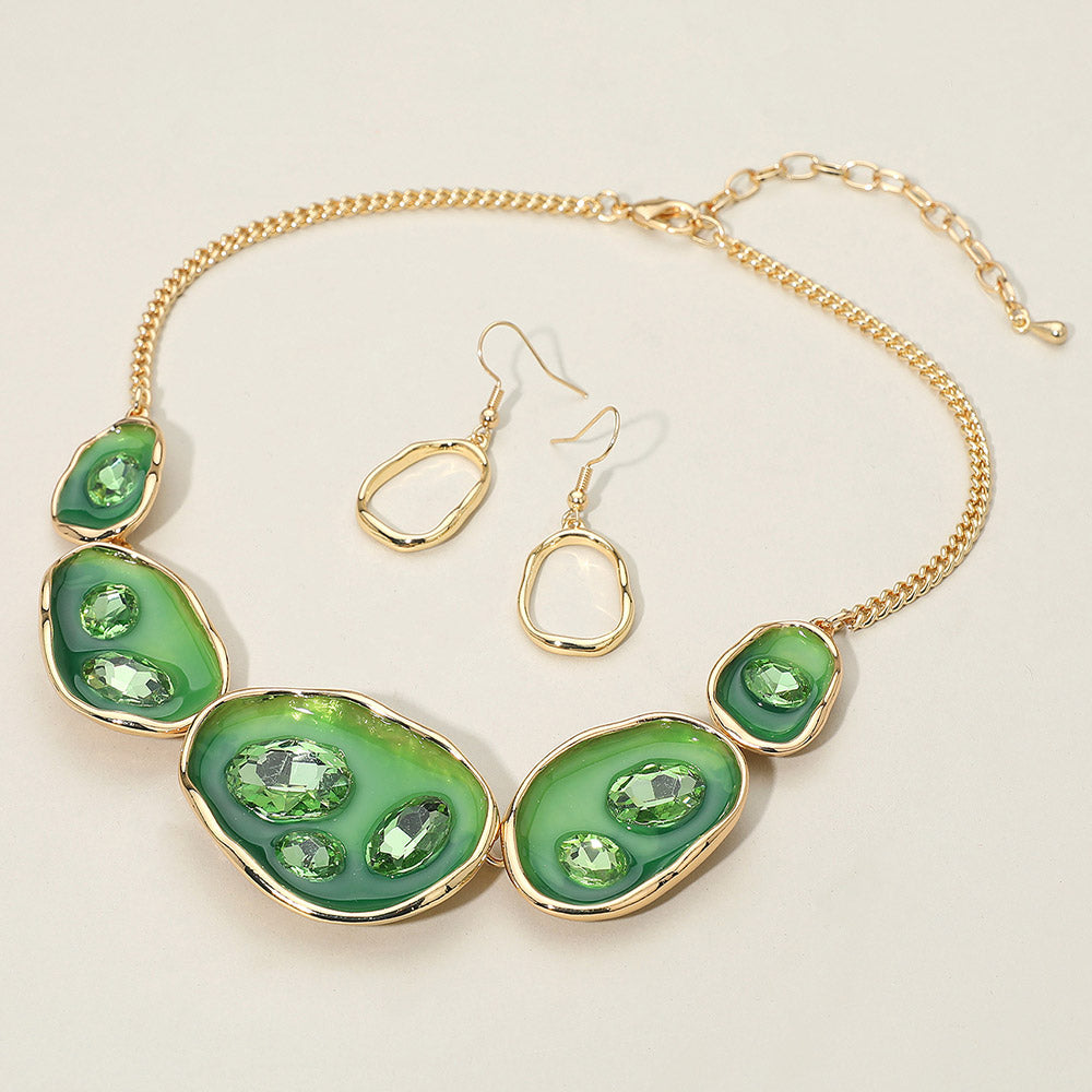 Madeline Love Gold, Green Abstract Gemstone Embellished Enamel Oval Plate Link Statement Necklace - Necklaces