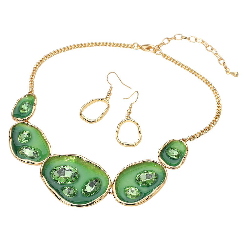 Madeline Love Gold, Green Abstract Gemstone Embellished Enamel Oval Plate Link Statement Necklace - Necklaces - desc