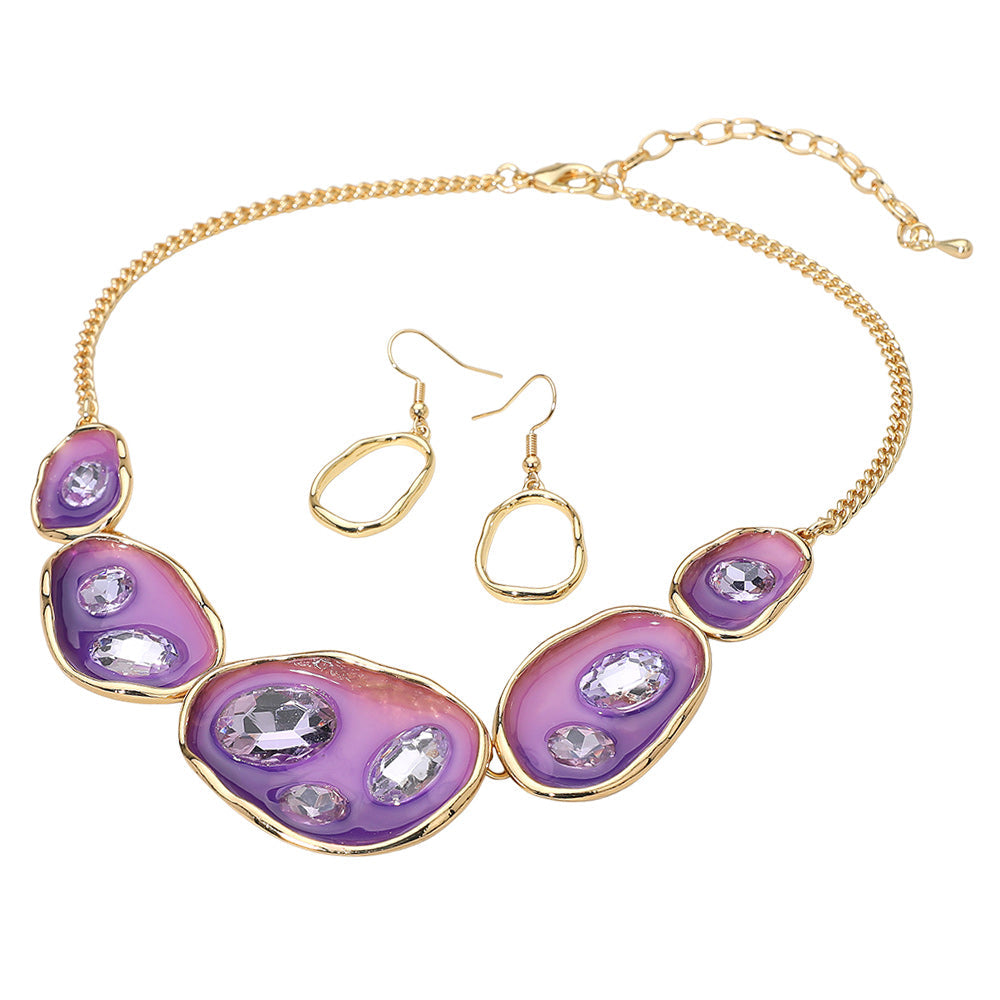 Madeline Love Gold, Purple Abstract Gemstone Embellished Enamel Oval Plate Link Statement Necklace - Necklaces - desc