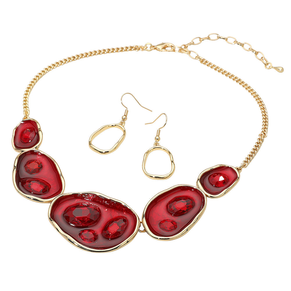 Madeline Love Gold, Red Abstract Gemstone Embellished Enamel Oval Plate Link Statement Necklace - Necklaces - desc