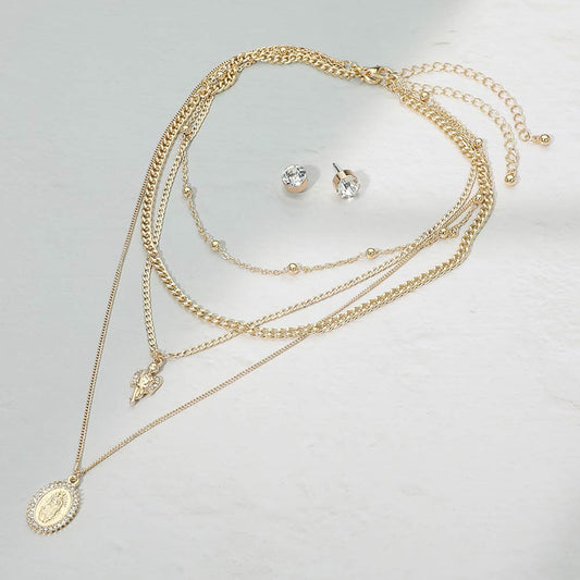Madeline Love Clear, Gold 2PCS - Layered Religious Oval Coin Angel Pendant Chain Necklaces