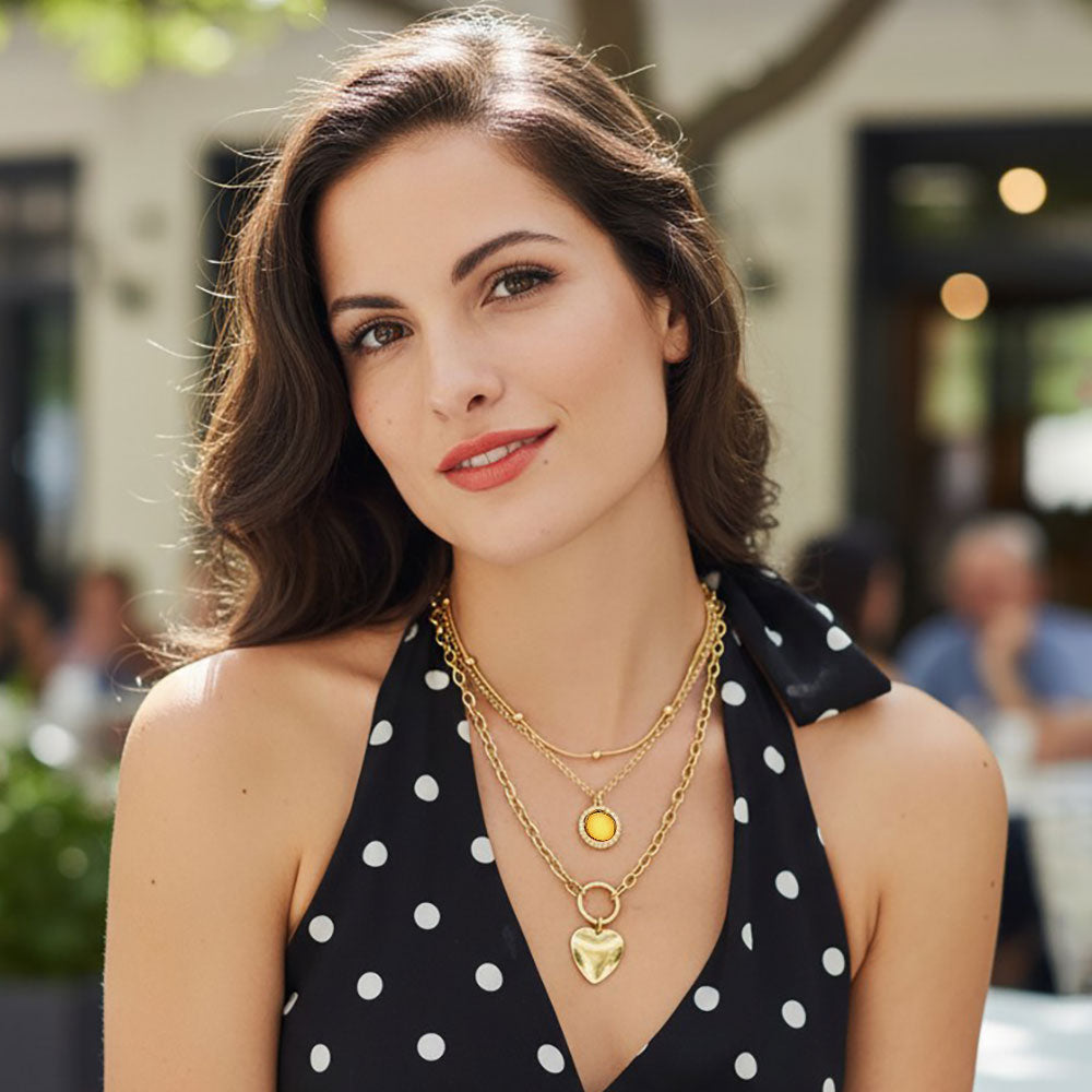 Madeline Love Brown, Light, Worn Gold Heart Charm Round Stone Pendant Accent Layered Necklace - Necklaces