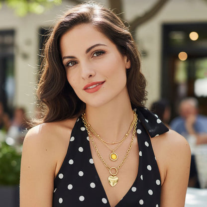 Madeline Love Brown, Light, Worn Gold Heart Charm Round Stone Pendant Accent Layered Necklace - Necklaces