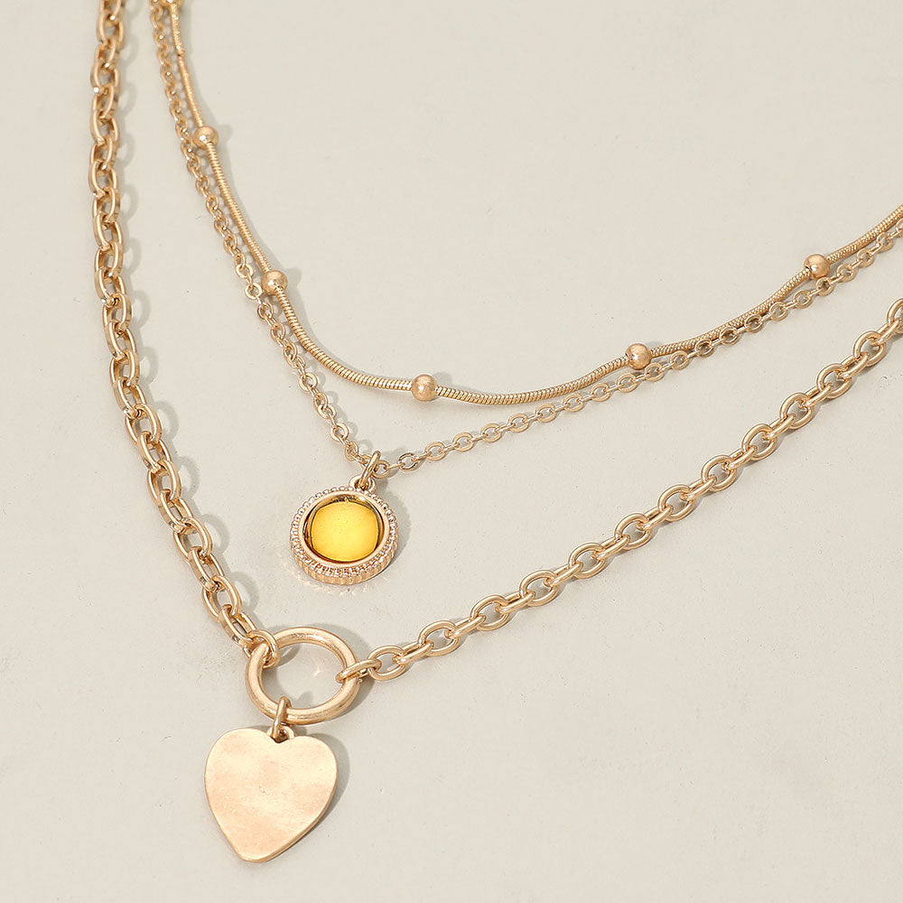 Madeline Love Brown, Light, Worn Gold Heart Charm Round Stone Pendant Accent Layered Necklace - Necklaces - desc