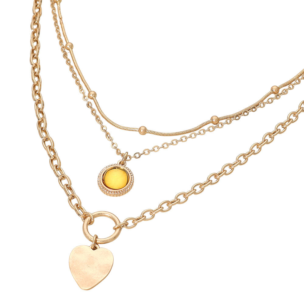 Madeline Love Brown, Light, Worn Gold Heart Charm Round Stone Pendant Accent Layered Necklace - Necklaces - extra