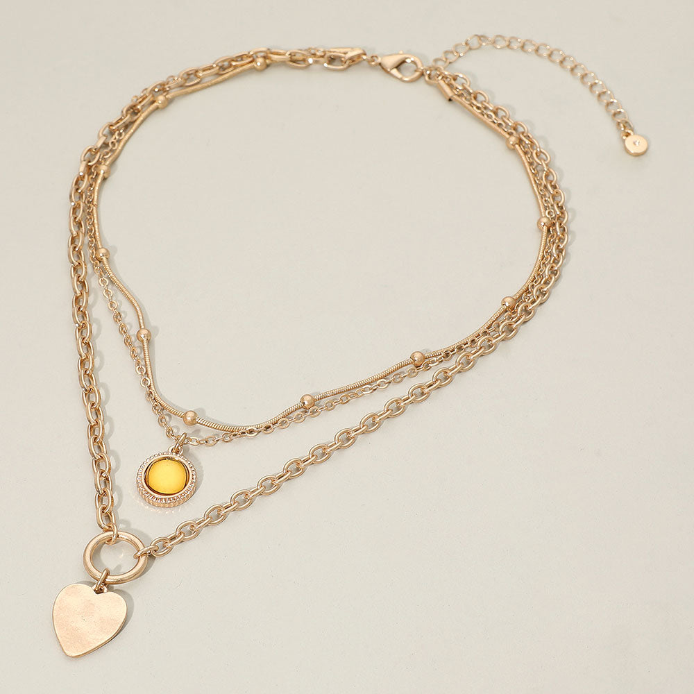 Madeline Love Brown, Light, Worn Gold Heart Charm Round Stone Pendant Accent Layered Necklace - Necklaces - extra