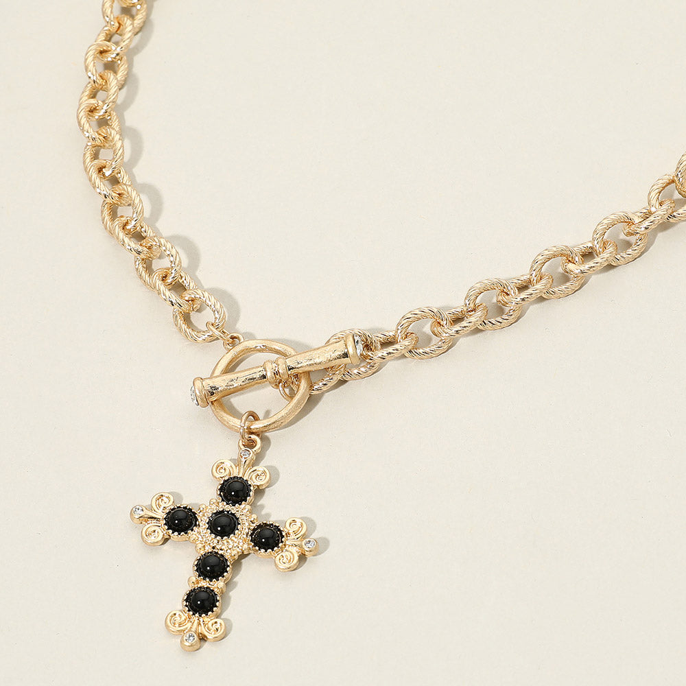 Madeline Love Black, Worn Gold Stone Ornate Cross Charm Pendant Toggle Necklace