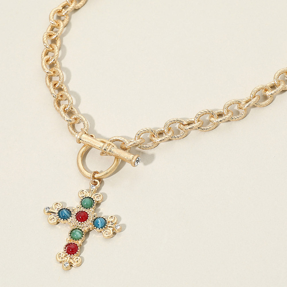 Madeline Love Multi, Worn Gold Stone Ornate Cross Charm Pendant Toggle Necklace