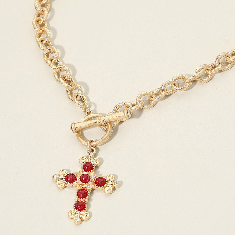 Madeline Love Red, Worn Gold Stone Ornate Cross Charm Pendant Toggle Necklace