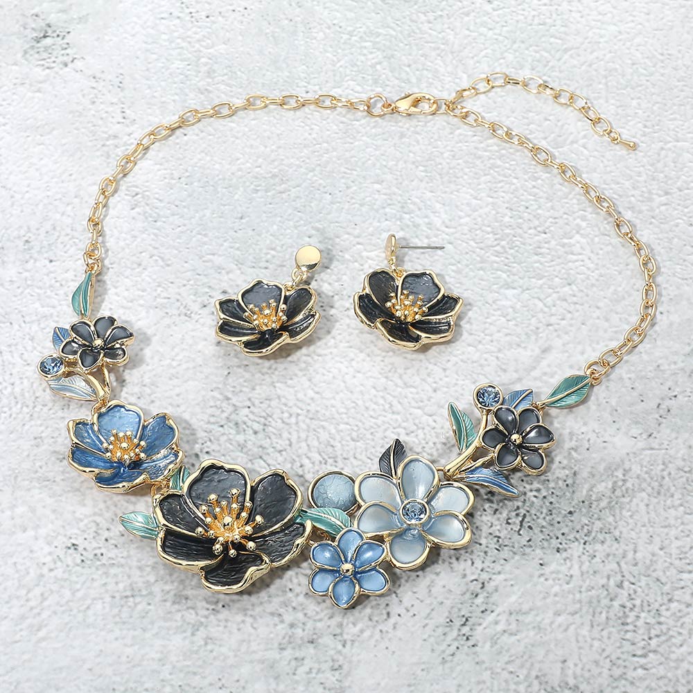 Madeline Love Blue, Gold Floral Link Statement Necklace - Necklaces