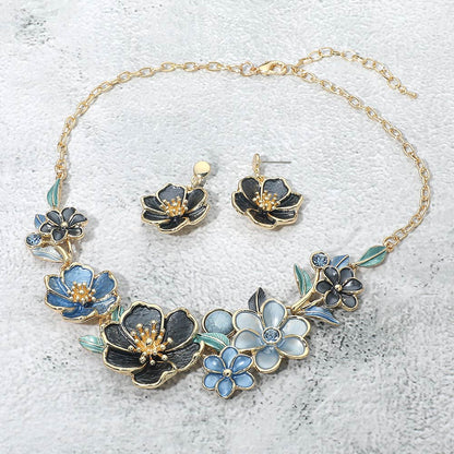 Madeline Love Blue, Gold Floral Link Statement Necklace - Necklaces