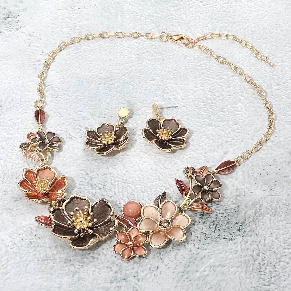 Madeline Love Brown, Gold Floral Link Statement Necklace - Necklaces