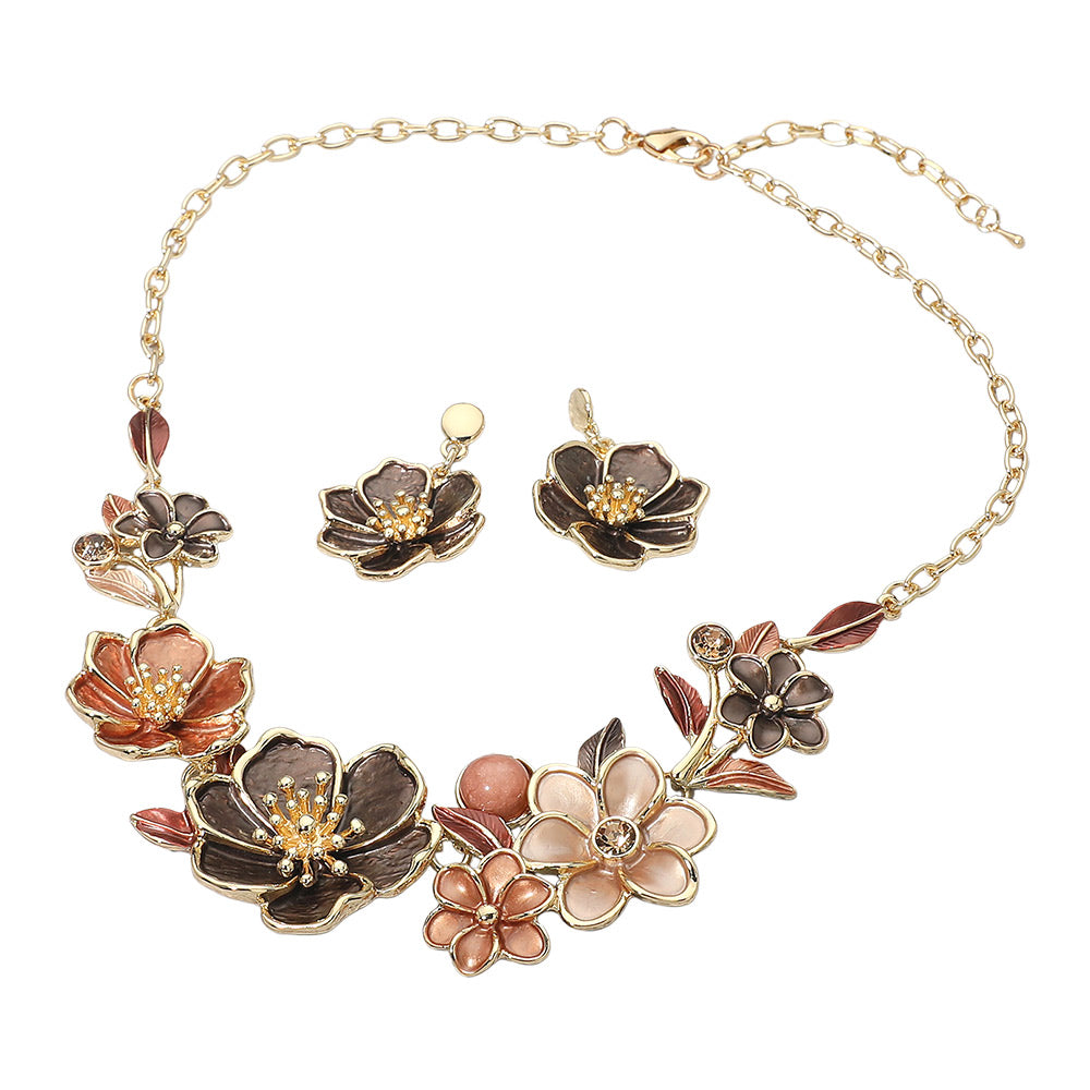 Madeline Love Brown, Gold Floral Link Statement Necklace - Necklaces - desc