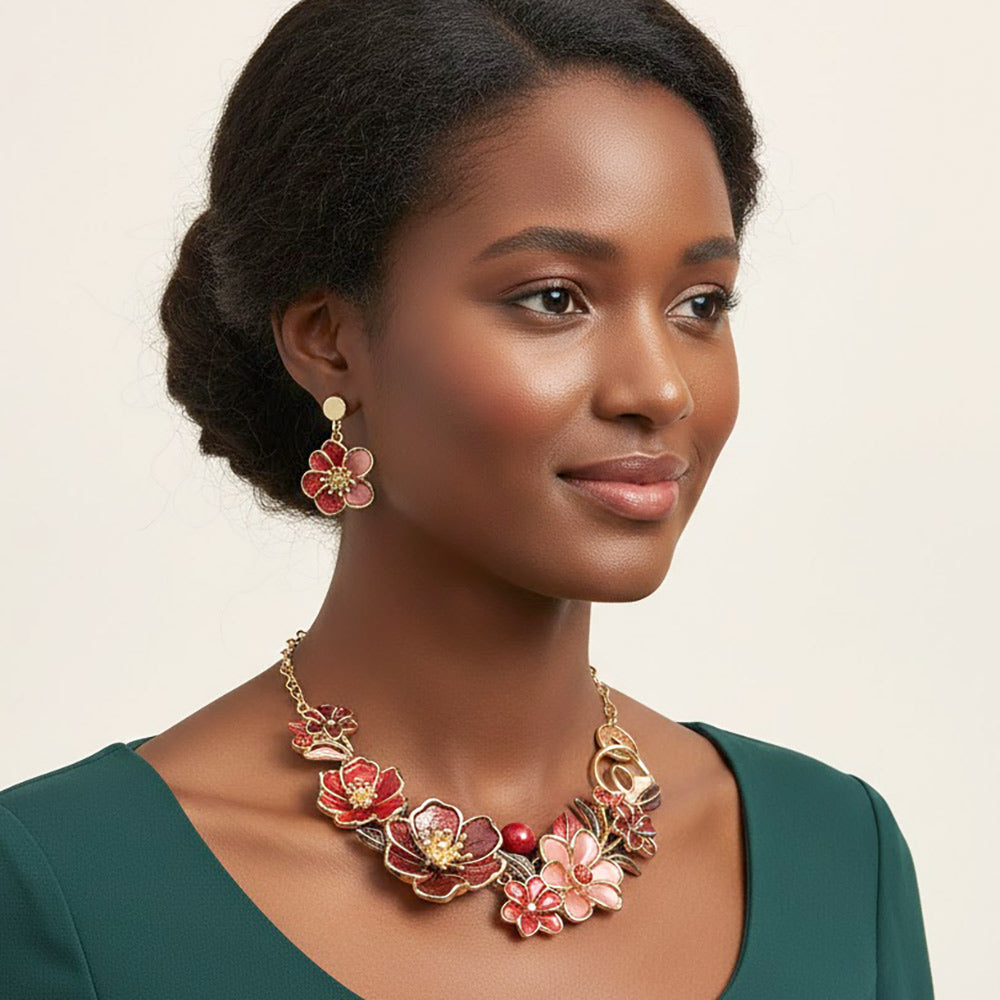 Madeline Love Gold, Red Floral Link Statement Necklace - Necklaces