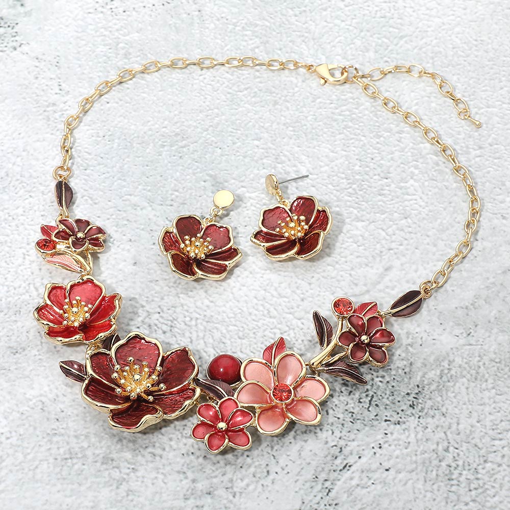 Madeline Love Gold, Red Floral Link Statement Necklace - Necklaces - desc