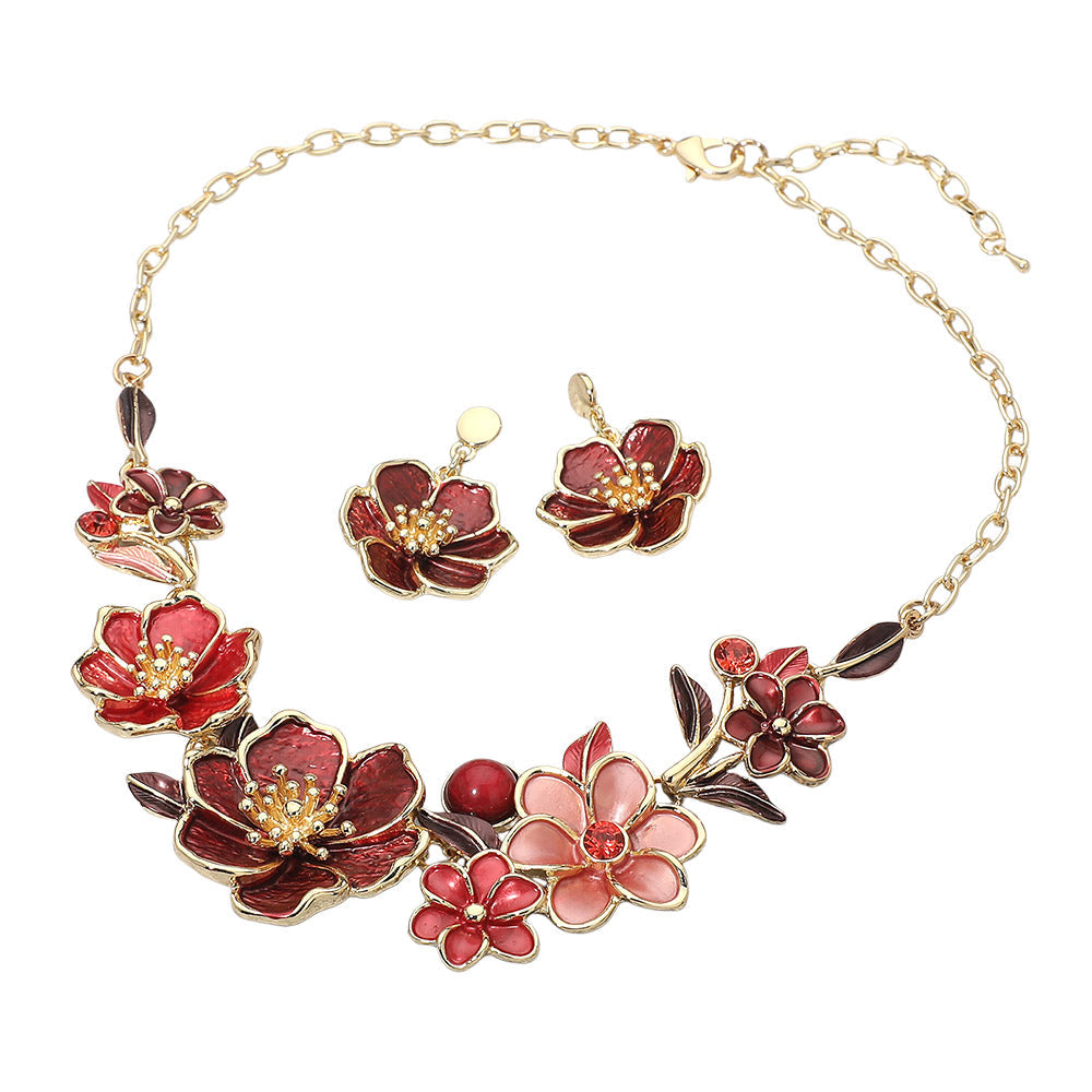 Madeline Love Gold, Red Floral Link Statement Necklace - Necklaces - extra