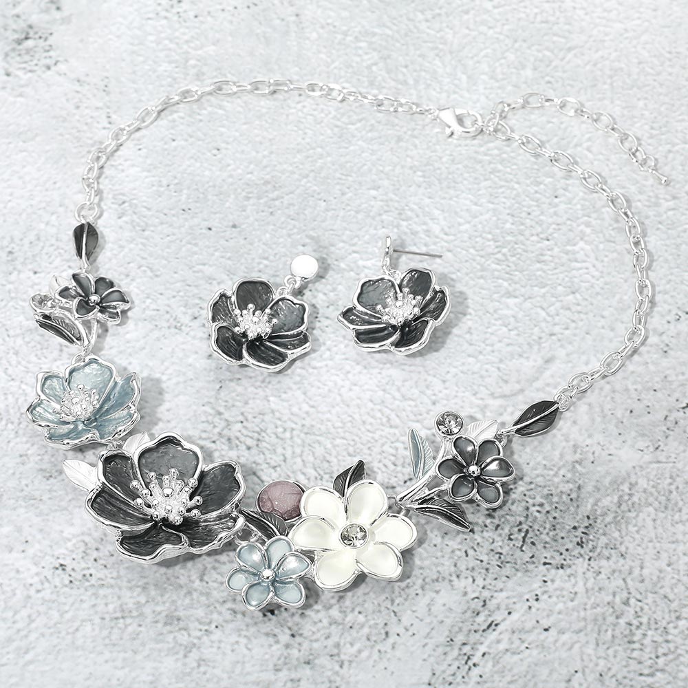Madeline Love Black, Silver Floral Link Statement Necklace - Necklaces