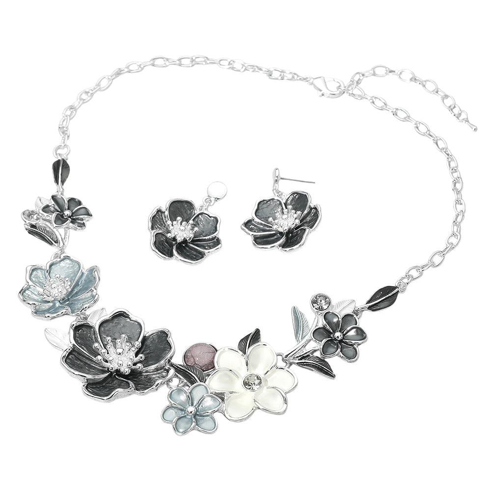 Madeline Love Black, Silver Floral Link Statement Necklace - Necklaces - desc