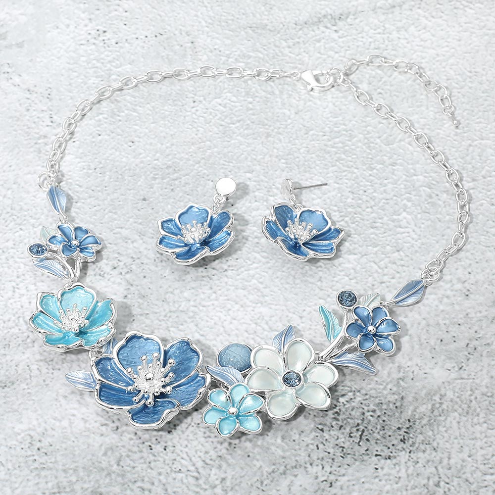 Madeline Love Blue, Silver Floral Link Statement Necklace - Necklaces