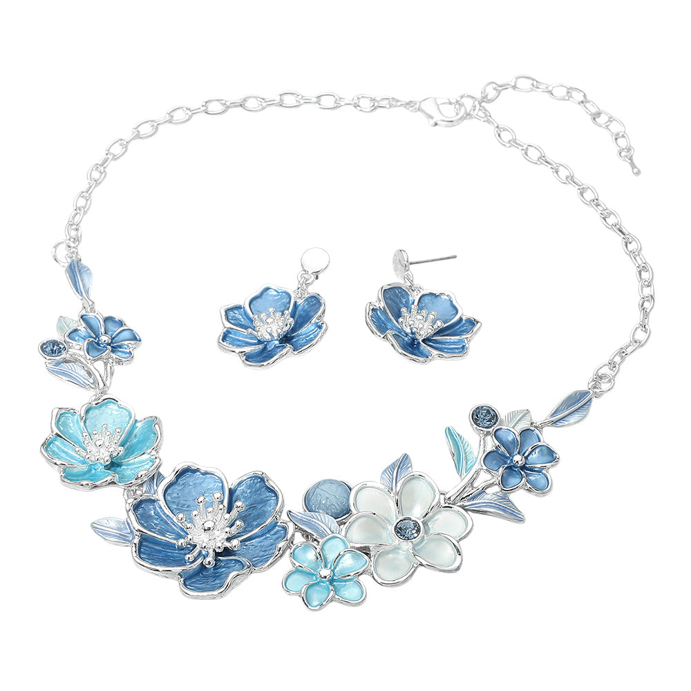 Madeline Love Blue, Silver Floral Link Statement Necklace - Necklaces - desc