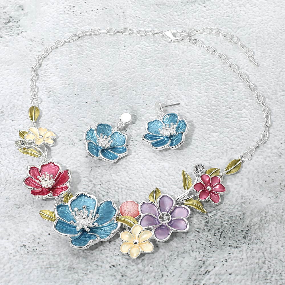 Madeline Love Multi, Silver Floral Link Statement Necklace - Necklaces